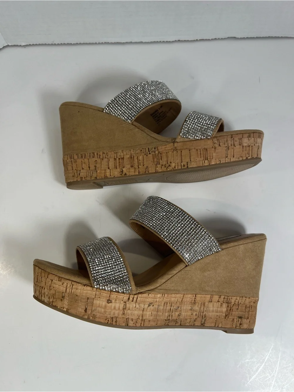 Steve Madden Sandro Rhinestone Cork Wedge Slide Sandals Beige 8.5M